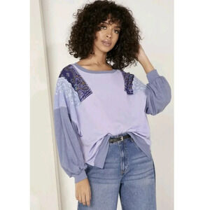 We The Free People Feelin It Boho Tee Embroidered Patchwork Oversized Lace XS